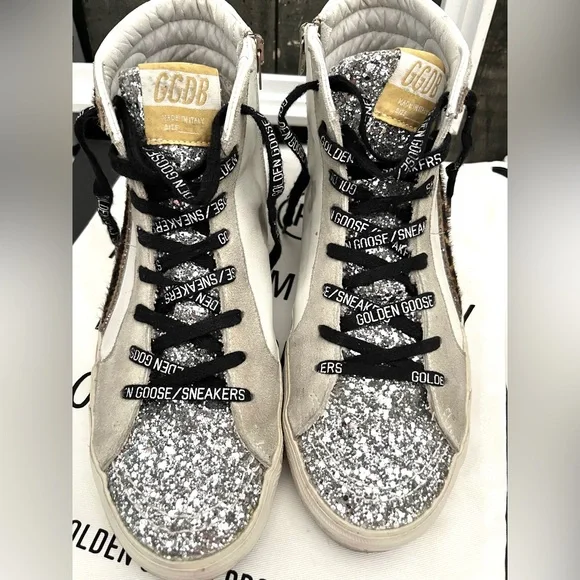 GOLDEN GOOSE Slide Leather Leopard Glitter Toes Mid/High Top Zipper Sz 42 US 12